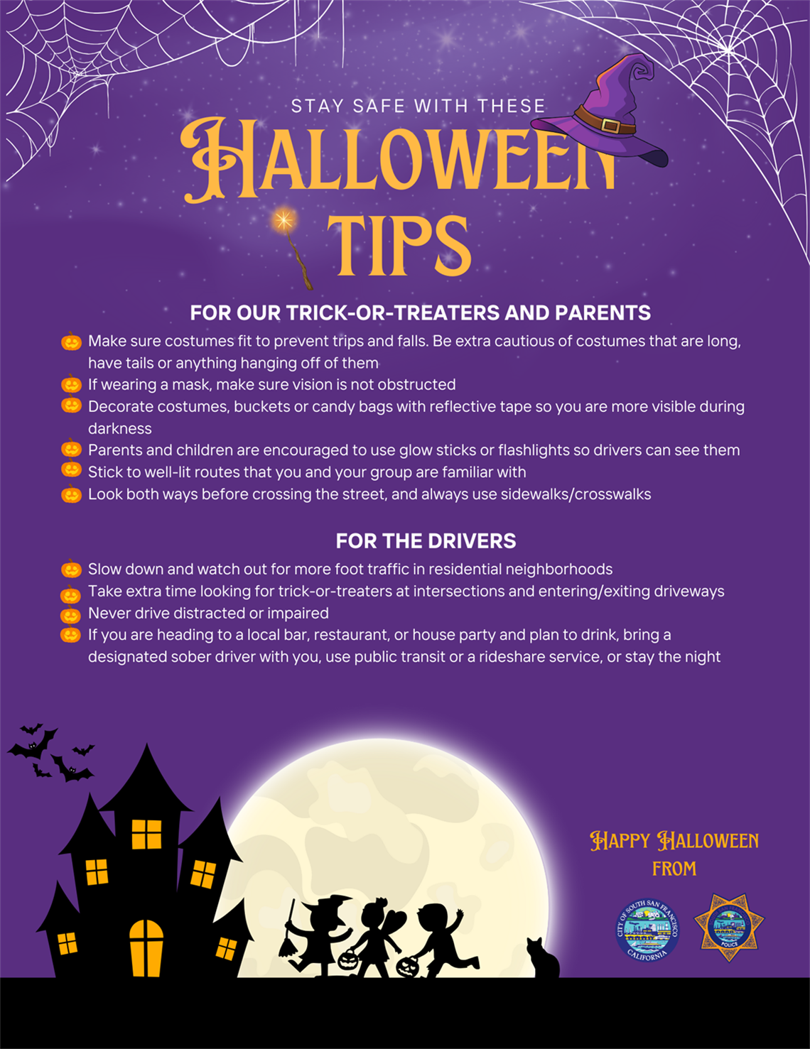 Halloween tips from the SSF Police Department with a graphic of children trick or treating at a haunted house with a full moon