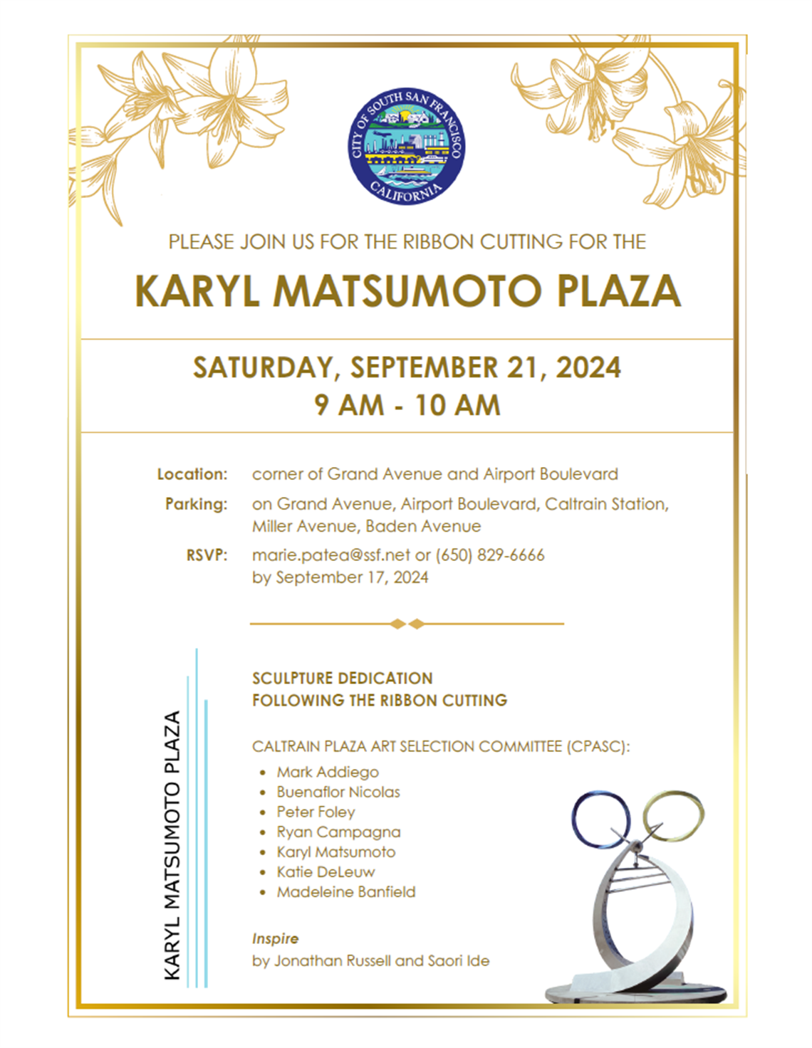 Invitation to the ribbon cutting of Karyl Matsumoto Plaza on Saturday, September 21, 2024 at 9 am to 10 am